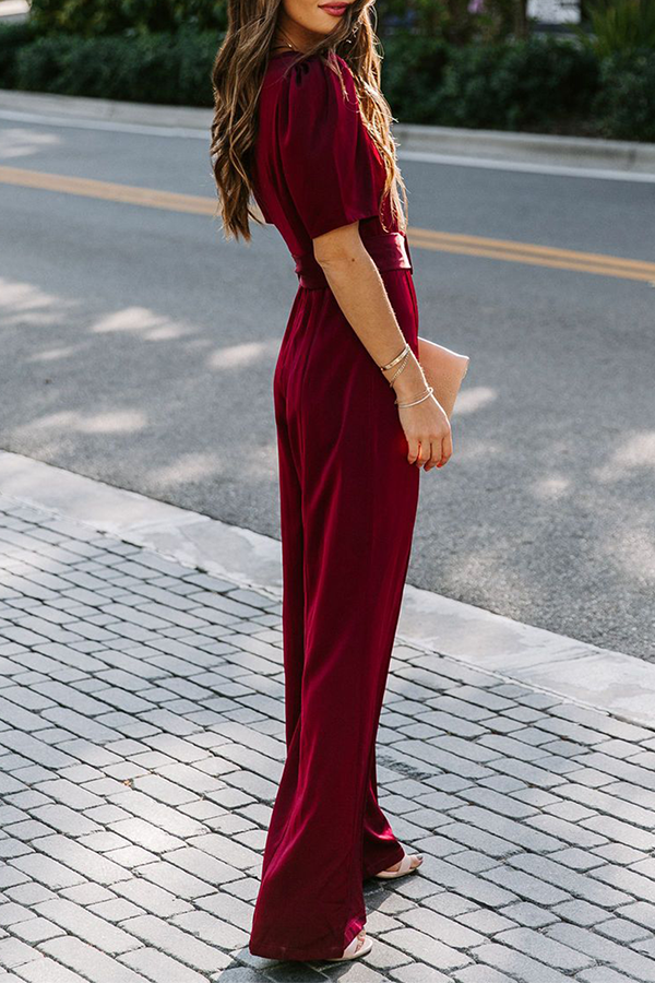 Fashion Elegant Solid Fold With Belt Square Collar Jumpsuits