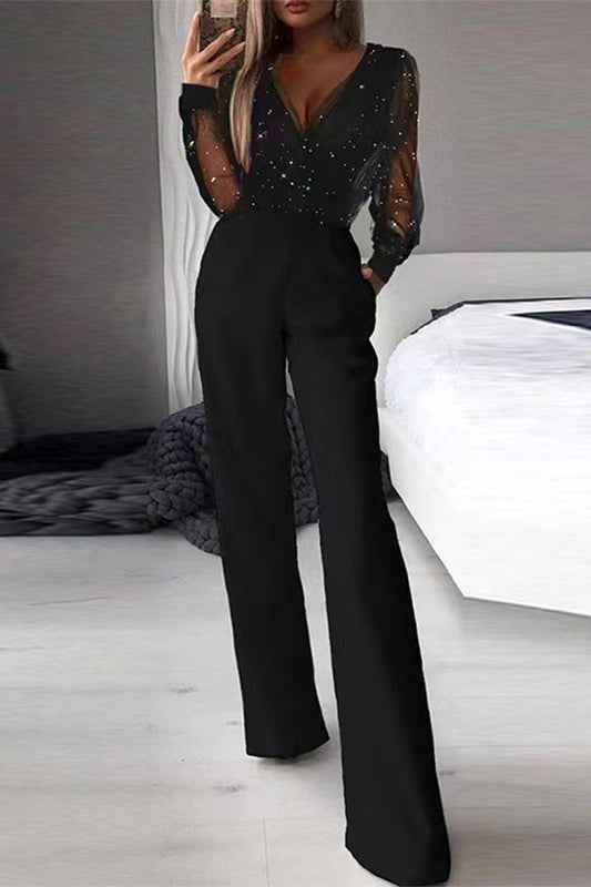 Sexy Elegant Patchwork Patchwork V Neck Straight Jumpsuits