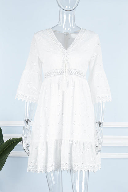 Sweet Elegant Solid Tassel Embroidered Hollowed Out V Neck A Line Dresses