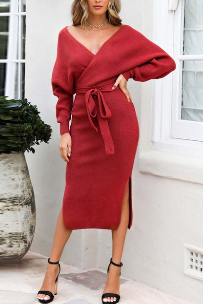 V Neck Backless Sweater Dress(5 Colors)