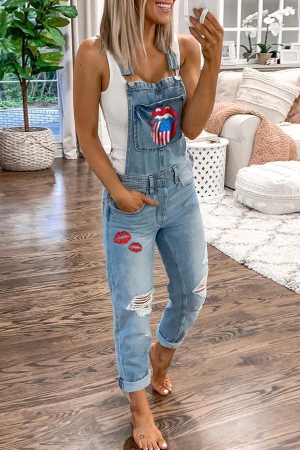 Denim Print Suspender Jeans