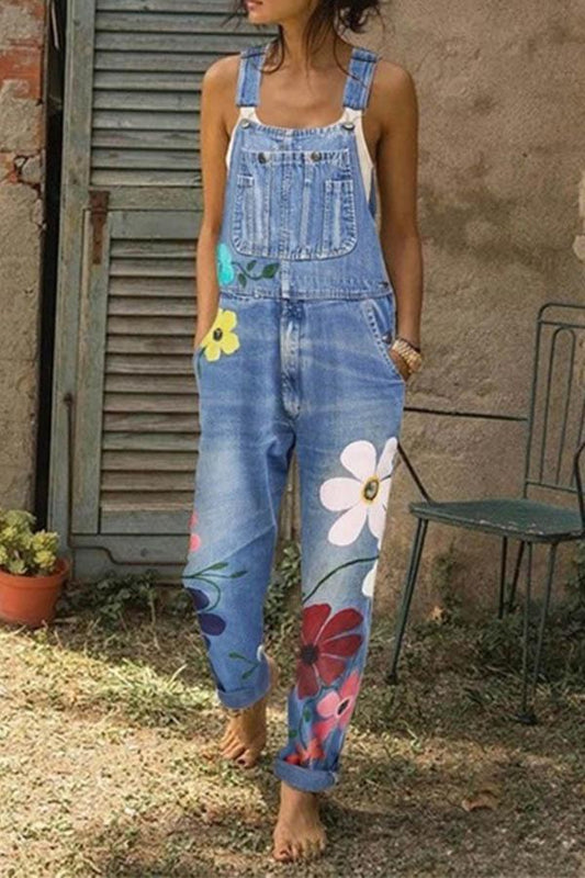 Flower-printed Baggy Jeans With Suspenders(3 Colors)